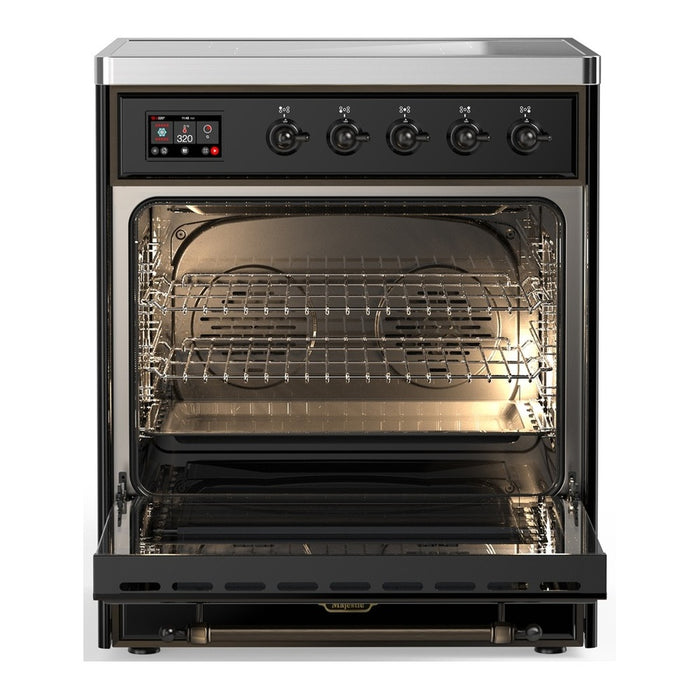 ILVE 30 Inch Majestic III Glossy Black Induction with with 4 Elements and 4 Cu. Ft. Oven Capacity in Triple Glass Door Open