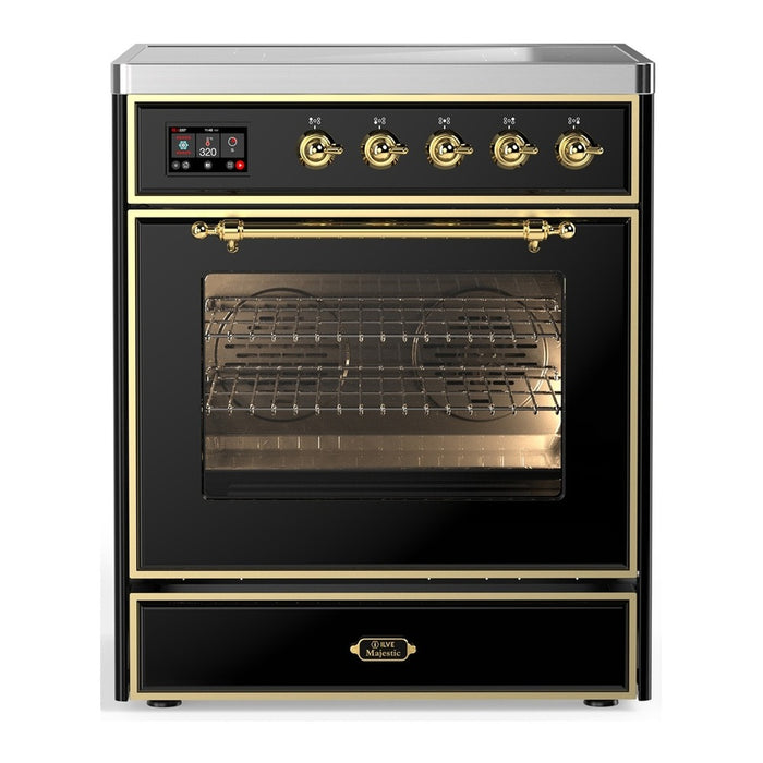 ILVE 30 Inch Majestic III Glossy Black Induction with with 4 Elements and 4 Cu. Ft. Oven Capacity in Triple Glass Door Brass