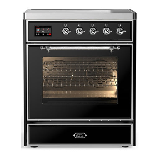 ILVE 30 Inch Majestic III Glossy Black Induction with with 4 Elements and 4 Cu. Ft. Oven Capacity in Triple Glass Door Chrome