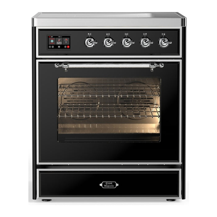 ILVE 30 Inch Majestic III Glossy Black Induction with with 4 Elements and 4 Cu. Ft. Oven Capacity in Triple Glass Door Chrome