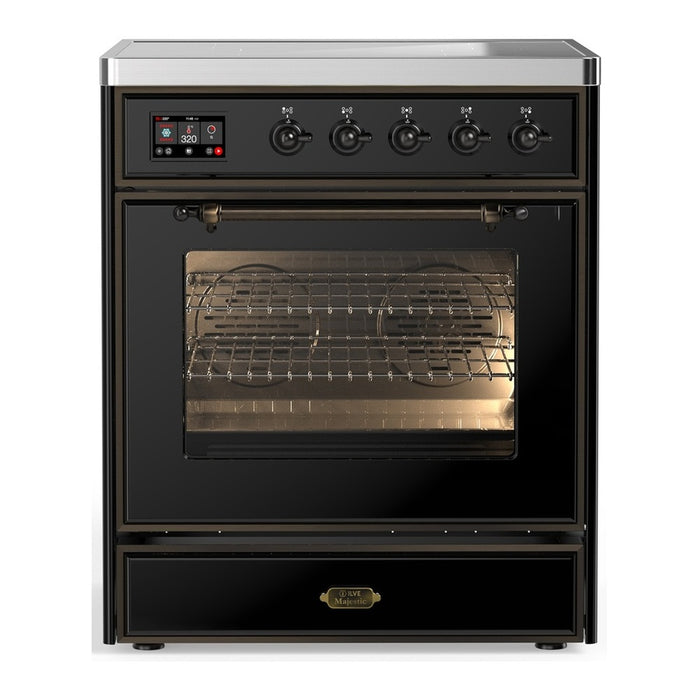 ILVE 30 Inch Majestic III Glossy Black Induction with with 4 Elements and 4 Cu. Ft. Oven Capacity in Triple Glass Door Burnished