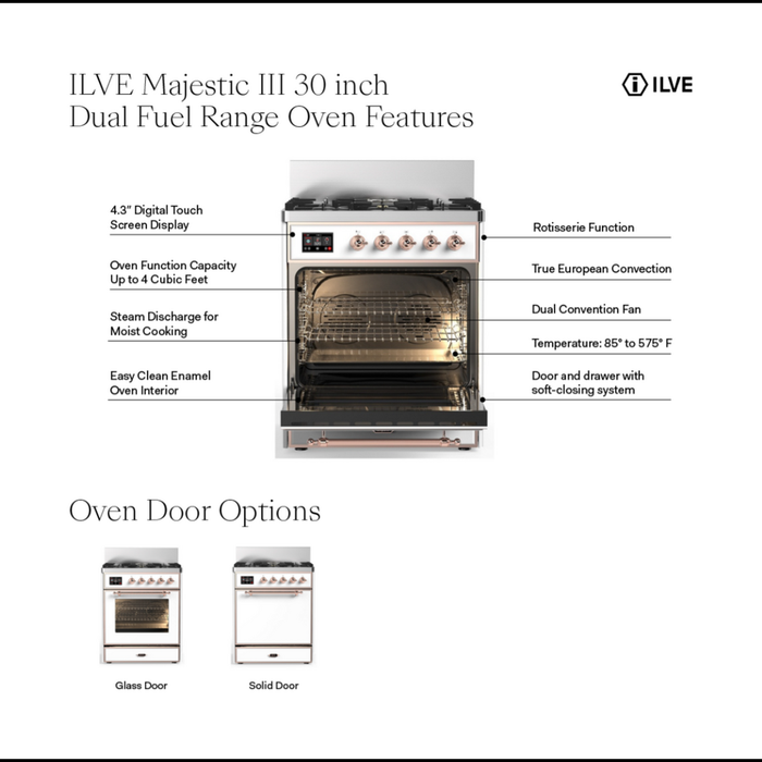 ILVE 30 Inch Majestic III Matte Graphite Dual Fuel Range with 5 Black Brass Burners, Dual Function Burner up to 25,000 BTU in Solid Door Features