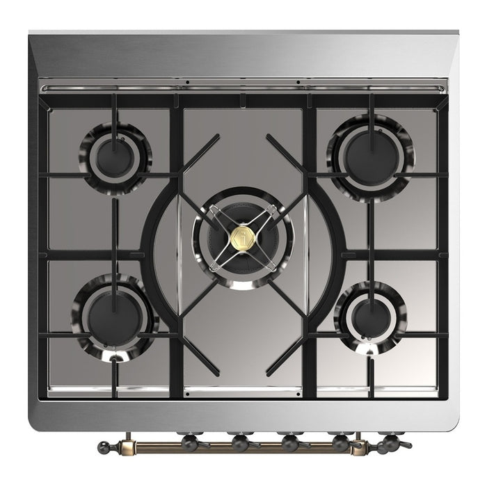 ILVE 30 Inch Majestic III Matte Graphite Dual Fuel Range with 5 Black Brass Burners, Dual Function Burner up to 25,000 BTU in Solid Door Cooktop