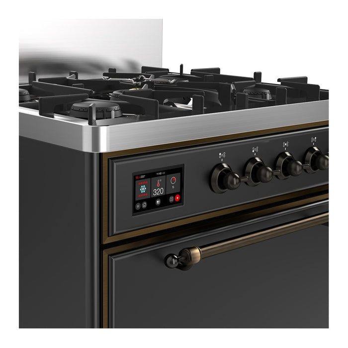 ILVE 30 Inch Majestic III Matte Graphite Dual Fuel Range with 5 Black Brass Burners, Dual Function Burner up to 25,000 BTU in Solid Door Side