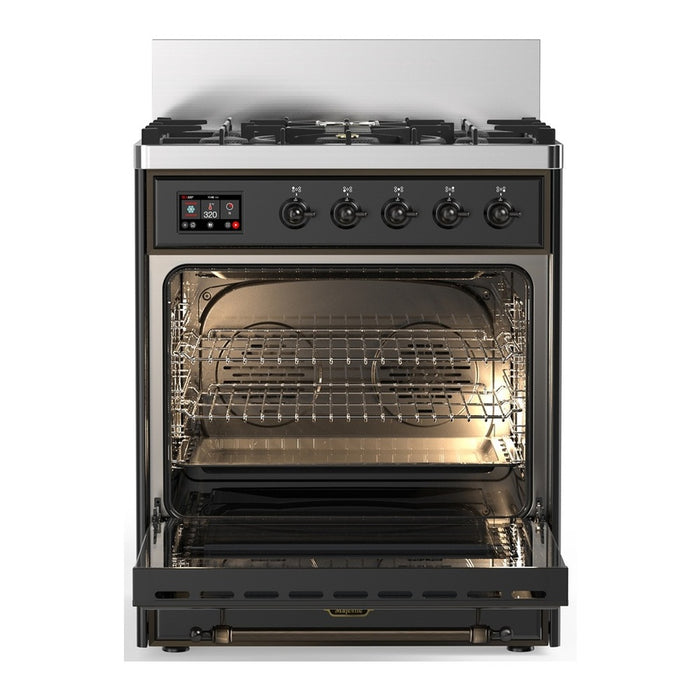 ILVE 30 Inch Majestic III Matte Graphite Dual Fuel Range with 5 Black Brass Burners, Dual Function Burner up to 25,000 BTU in Solid Door Open