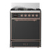 ILVE 30 Inch Majestic III Matte Graphite Dual Fuel Range with 5 Black Brass Burners, Dual Function Burner up to 25,000 BTU in Solid Door Copper