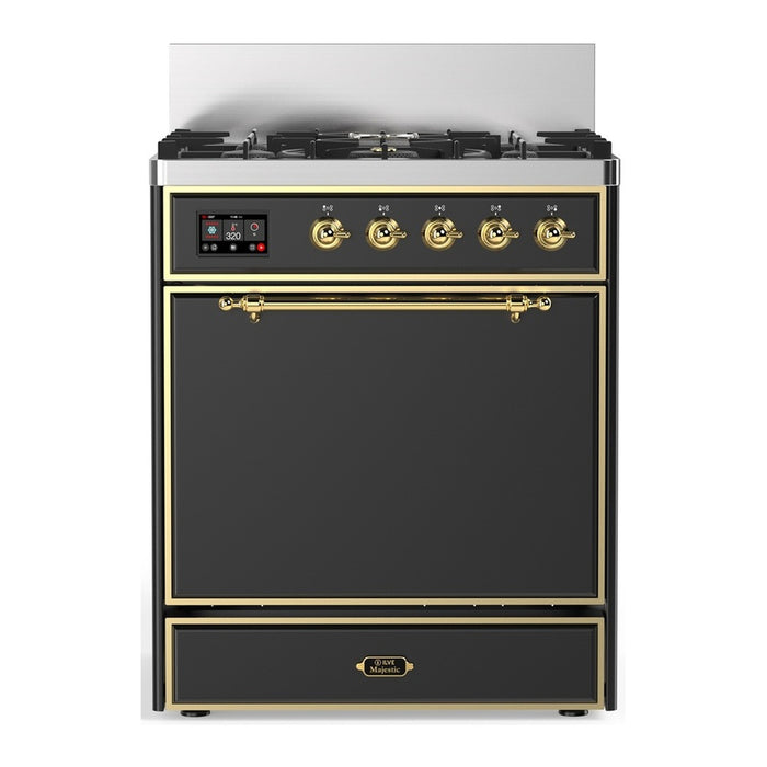 ILVE 30 Inch Majestic III Matte Graphite Dual Fuel Range with 5 Black Brass Burners, Dual Function Burner up to 25,000 BTU in Solid Door Brass