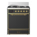 ILVE 30 Inch Majestic III Matte Graphite Dual Fuel Range with 5 Black Brass Burners, Dual Function Burner up to 25,000 BTU in Solid Door Brass