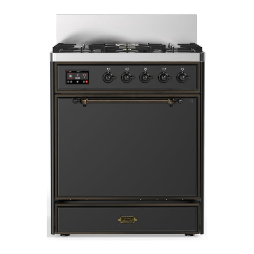 ILVE 30 Inch Majestic III Matte Graphite Dual Fuel Range with 5 Black Brass Burners, Dual Function Burner up to 25,000 BTU in Solid Door Burnished