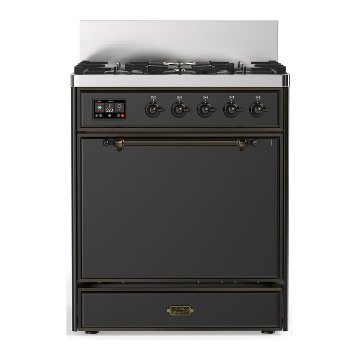 ILVE 30 Inch Majestic III Matte Graphite Dual Fuel Range with 5 Black Brass Burners, Dual Function Burner up to 25,000 BTU in Solid Door Burnished