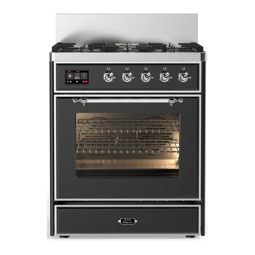 ILVE 30 Inch Majestic III Matte Graphite Dual Fuel Range with 5 Black Brass Burners, Dual Function Burner up to 25,000 BTU in Triple Glass Door Chrome