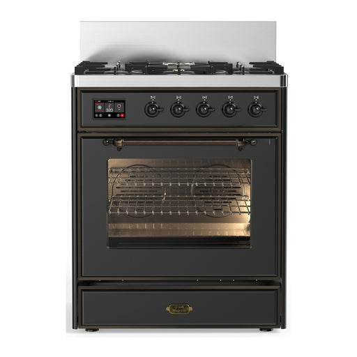 ILVE 30 Inch Majestic III Matte Graphite Dual Fuel Range with 5 Black Brass Burners, Dual Function Burner up to 25,000 BTU in Triple Glass Door Burnished