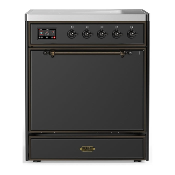 ILVE 30 Inch Majestic III Matte Graphite Induction with 4 Elements and 4 Cu. Ft. Oven Capacity in Solid Door Burnished