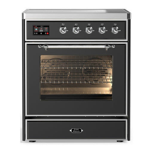 ILVE 30 Inch Majestic III Matte Graphite Induction with 4 Elements and 4 Cu. Ft. Oven Capacity in Triple Glass Door Chrome