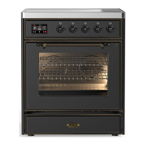 ILVE 30 Inch Majestic III Matte Graphite Induction with 4 Elements and 4 Cu. Ft. Oven Capacity in Triple Glass Door Burnished