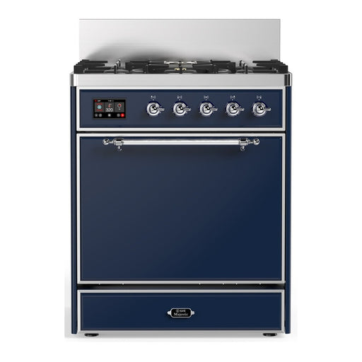 ILVE 30 Inch Majestic III Midnight Blue Dual Fuel Range with 5 Black Brass Burners, Dual Function Burner up to 25,000 BTU in Solid Door Chrome
