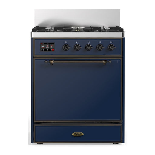 ILVE 30 Inch Majestic III Midnight Blue Dual Fuel Range with 5 Black Brass Burners, Dual Function Burner up to 25,000 BTU in Solid Door Burnished