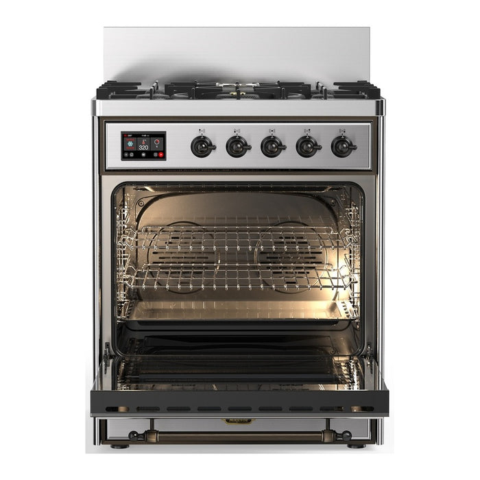 ILVE 30 Inch Majestic III Stainless Steel Dual Fuel Range with 5 Black Brass Burners, Dual Function Burner up to 25,000 BTU in Triple Glass Door Open