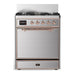 ILVE 30 Inch Majestic III Stainless Steel Dual Fuel Range with 5 Black Brass Burners, Dual Function Burner up to 25,000 BTU in Solid Door Copper