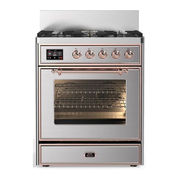 ILVE 30 Inch Majestic III Stainless Steel Dual Fuel Range with 5 Black Brass Burners, Dual Function Burner up to 25,000 BTU in Triple Glass Door Copper