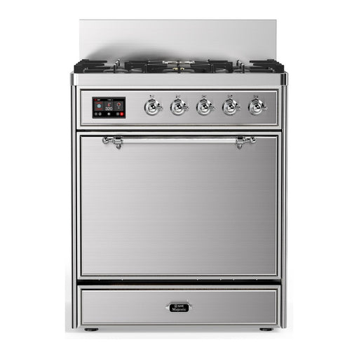 ILVE 30 Inch Majestic III Stainless Steel Dual Fuel Range with 5 Black Brass Burners, Dual Function Burner up to 25,000 BTU in Solid Door Chrome