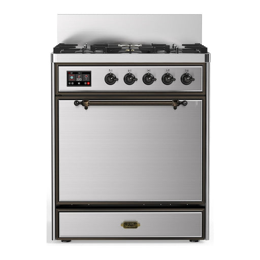 ILVE 30 Inch Majestic III Stainless Steel Dual Fuel Range with 5 Black Brass Burners, Dual Function Burner up to 25,000 BTU in Solid Door Burnished