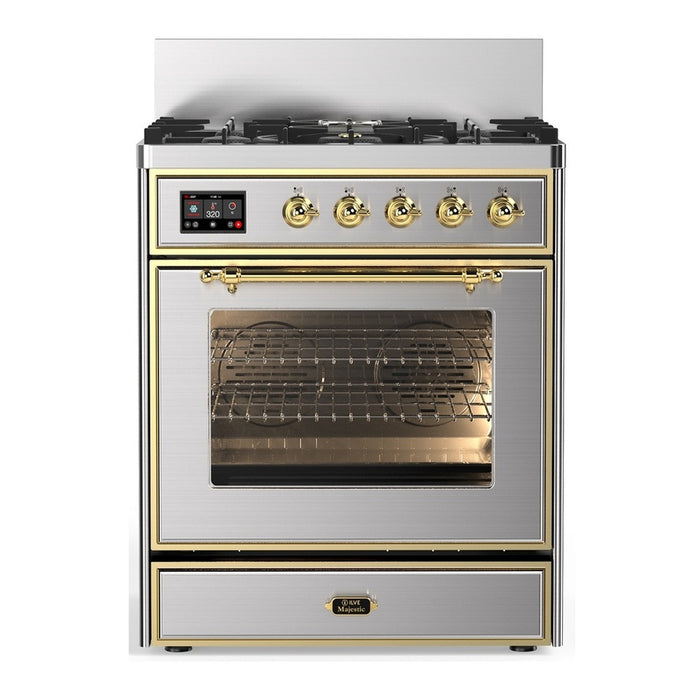 ILVE 30 Inch Majestic III Stainless Steel Dual Fuel Range with 5 Black Brass Burners, Dual Function Burner up to 25,000 BTU in Triple Glass Door Brass