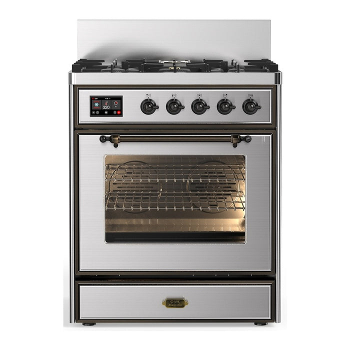 ILVE 30 Inch Majestic III Stainless Steel Dual Fuel Range with 5 Black Brass Burners, Dual Function Burner up to 25,000 BTU in Triple Glass Door Burnished