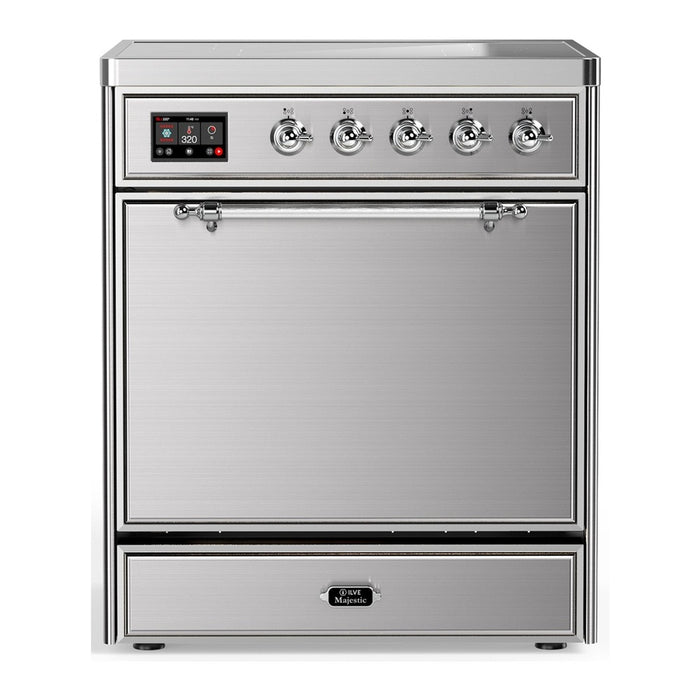 ILVE 30 Inch Majestic III Stainless Steel Induction with 4 Elements and 4 Cu. Ft. Oven Capacity in Solid Door Chrome