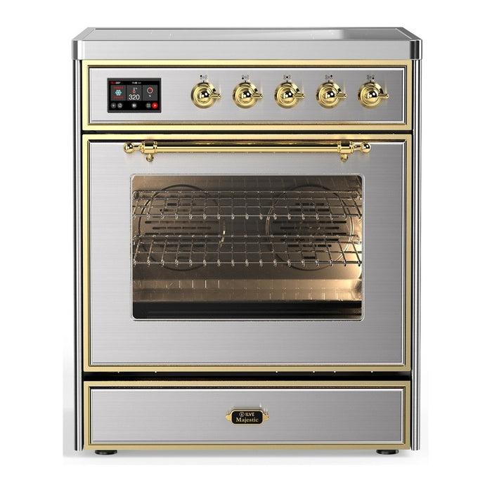 ILVE 30 Inch Majestic III Stainless Steel Induction with 4 Elements and 4 Cu. Ft. Oven Capacity in Triple Glass Door Brass