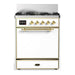 ILVE 30 Inch Majestic III White Dual Fuel Range with 5 Black Brass Burners, Dual Function Burner up to 25,000 BTU in Solid Door Brass