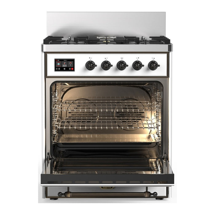 ILVE 30 Inch Majestic III White Dual Fuel Range with 5 Black Brass Burners, Dual Function Burner up to 25,000 BTU in Triple Glass Door Open