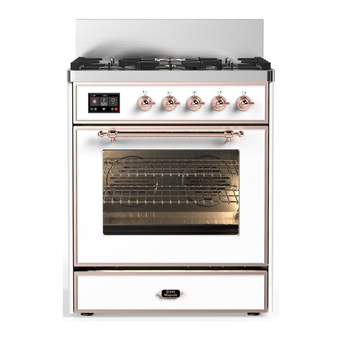 ILVE 30 Inch Majestic III White Dual Fuel Range with 5 Black Brass Burners, Dual Function Burner up to 25,000 BTU in Triple Glass Door Copper