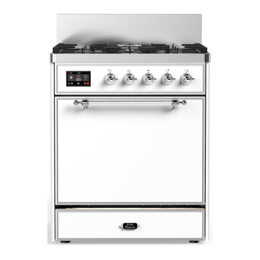 ILVE 30 Inch Majestic III White Dual Fuel Range with 5 Black Brass Burners, Dual Function Burner up to 25,000 BTU in Solid Door Chrome