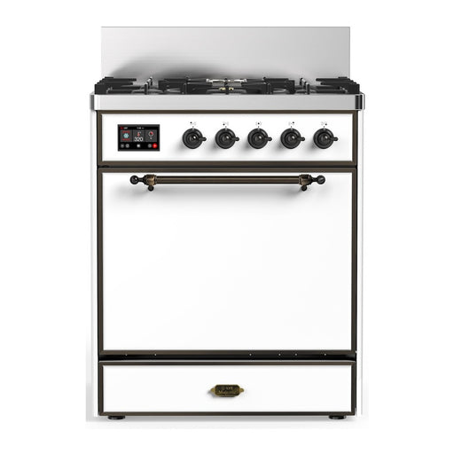ILVE 30 Inch Majestic III White Dual Fuel Range with 5 Black Brass Burners, Dual Function Burner up to 25,000 BTU in Solid Door Burnished