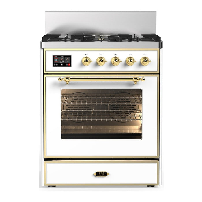 ILVE 30 Inch Majestic III White Dual Fuel Range with 5 Black Brass Burners, Dual Function Burner up to 25,000 BTU in Triple Glass Door Brass