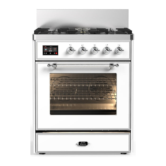ILVE 30 Inch Majestic III White Dual Fuel Range with 5 Black Brass Burners, Dual Function Burner up to 25,000 BTU in Triple Glass Door Chrome