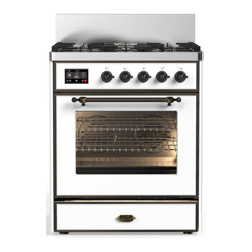ILVE 30 Inch Majestic III White Dual Fuel Range with 5 Black Brass Burners, Dual Function Burner up to 25,000 BTU in Triple Glass Door Burnished