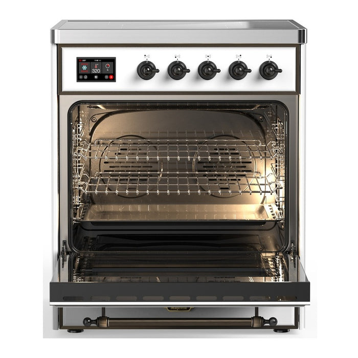 ILVE 30 Inch Majestic III White Induction with 4 Elements and 4 Cu. Ft. Oven Capacity in Triple Glass Door Open