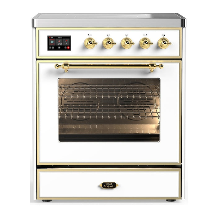 ILVE 30 Inch Majestic III White Induction with 4 Elements and 4 Cu. Ft. Oven Capacity in Triple Glass Door Brass