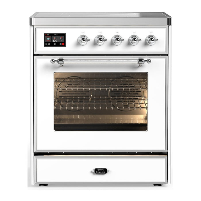 ILVE 30 Inch Majestic III White Induction with 4 Elements and 4 Cu. Ft. Oven Capacity in Triple Glass Door Chrome