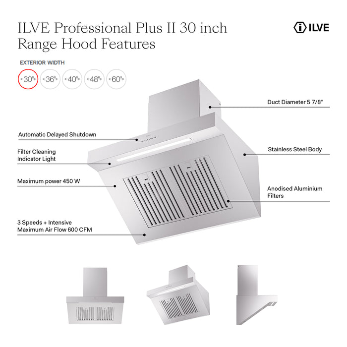 ILVE 30 Inch Professional Plus Wall Mount Range Hood Features