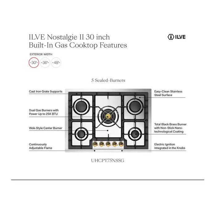 ILVE 30 Inch UHCPT75NSSCLP Nostalgie II Built-In Stainless Steel Liquid Propane Cooktop with 5 Burners in Chrome Knobs Features