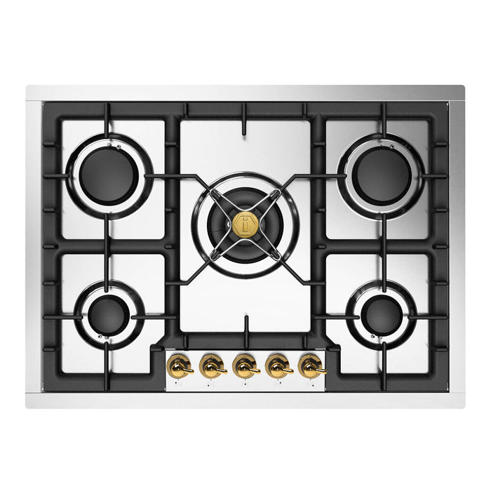ILVE 30 Inch UHCPT75NSSGLP Nostalgie II Built-In Stainless Steel Liquid Propane Cooktop with 5 Burners in Brass Knobs Front