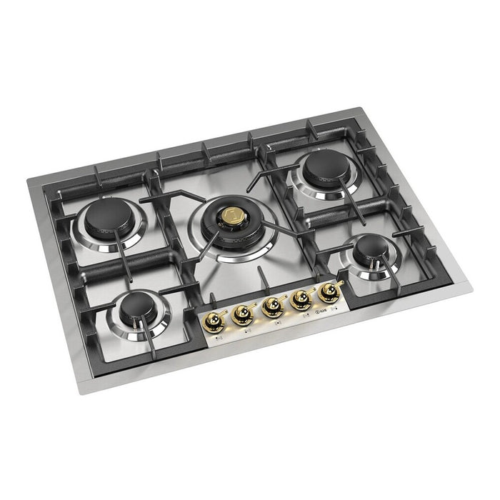 ILVE 30 Inch UHCPT75NSSGLP Nostalgie II Built-In Stainless Steel Liquid Propane Cooktop with 5 Burners in Brass Knobs Main