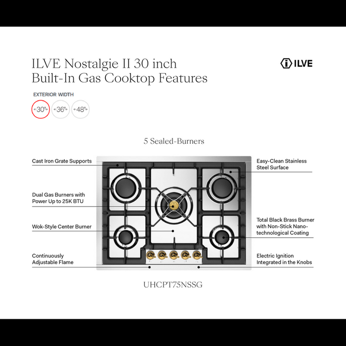 ILVE 30 Inch UHCPT75NSSGLP Nostalgie II Built-In Stainless Steel Liquid Propane Cooktop with 5 Burners in Brass Knobs Features