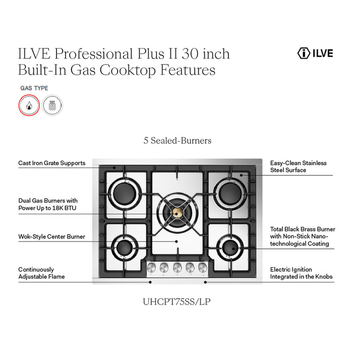 ILVE 30 Inch UHCPT75SSLP Professional Plus II Built-In Stainless Steel Liquid Propane Cooktop with 5 Sealed Burners Features