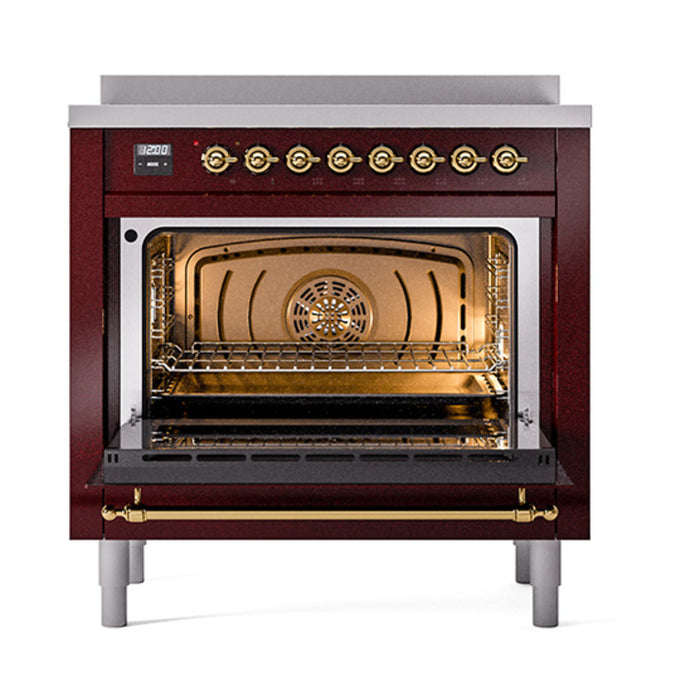 ILVE 36 Inch Nostalgie II Noblesse Freestanding Induction Range with 5 Elements, Griddle with Brass Trim Burgundy Open
