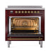 ILVE 36 Inch Nostalgie II Noblesse Freestanding Induction Range with 5 Elements, Griddle with Brass Trim Burgundy Open
