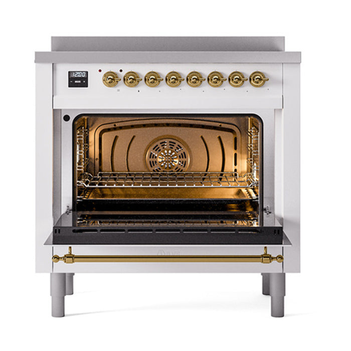 ILVE 36 Inch Nostalgie II Noblesse Freestanding Induction Range with 5 Elements, Griddle with Brass Trim White Open
